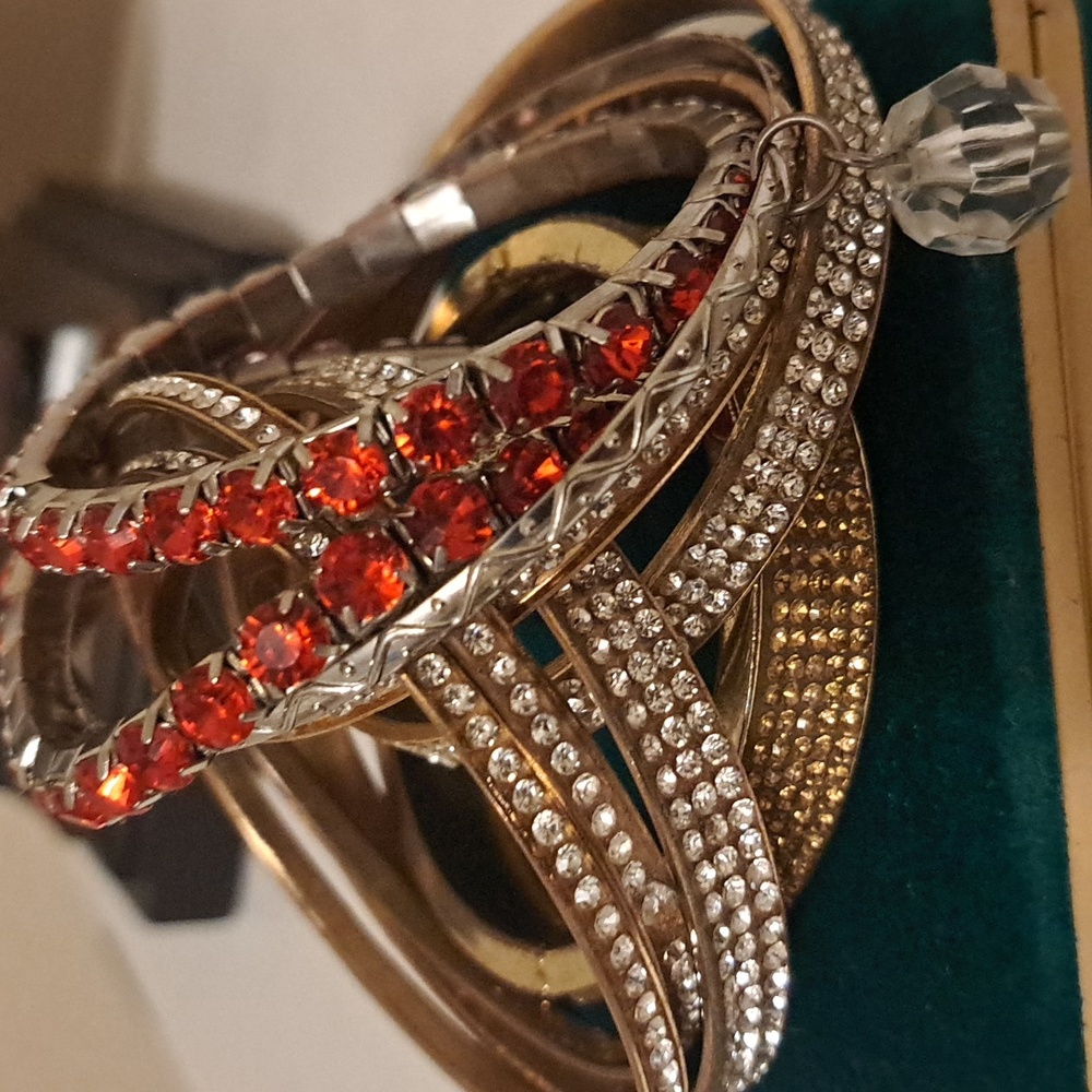 Bundle of 9 Super Sparkly Silver Gold and Red Glam Rhinestone Bracelets